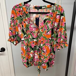 Adrienne Vittadini Womens Large Blouse Half Sleeve Floral Green Pink Orange